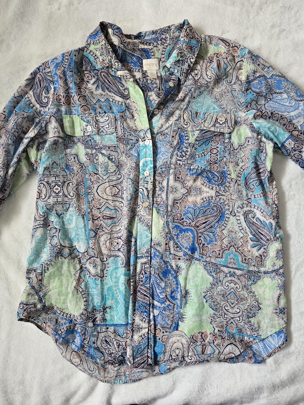 Chico's Teal, Mint & Navy Paisley Button-Front Shirt